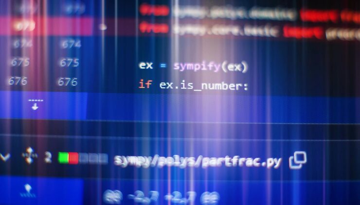 Photo abstract computer script about big data and blockchain database software developer programming code mining cryptocurrency process program on display pc using software