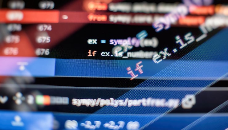 Photo abstract computer script about big data and blockchain database software developer programming code mining cryptocurrency process program on display pc using software