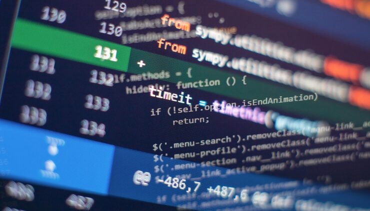 Photo abstract computer script about big data and blockchain database software developer programming code mining cryptocurrency process program on display pc using software