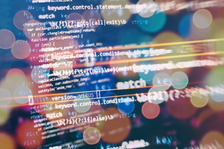 Photo abstract computer script about big data and blockchain database. software developer programming code. mining cryptocurrency process program on display pc. using software.