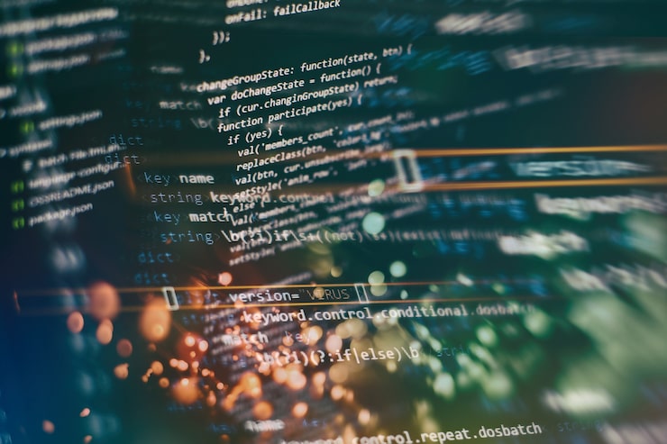 Photo abstract computer script about big data and blockchain database. software developer programming code. mining cryptocurrency process program on display pc. using software.