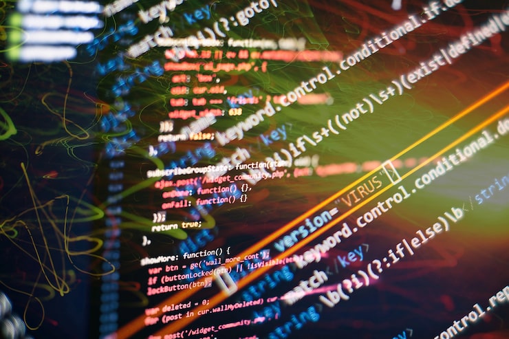 Photo abstract computer script about big data and blockchain database. software developer programming code. mining cryptocurrency process program on display pc. using software.