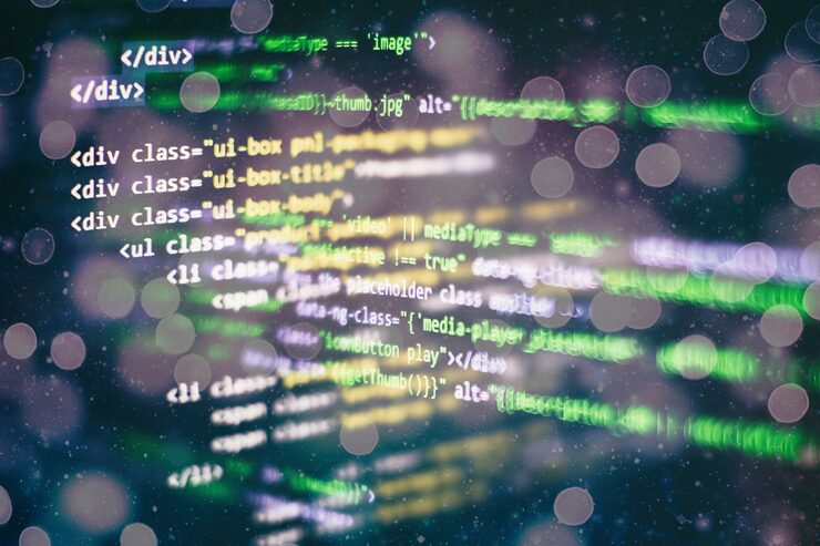 Photo abstract computer script about big data and blockchain database. software developer programming code. mining cryptocurrency process program on display pc. using software.