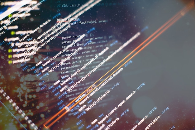 Photo abstract computer script about big data and blockchain database. software developer programming code. mining cryptocurrency process program on display pc. using software.