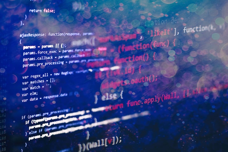 Photo abstract computer script about big data and blockchain database. software developer programming code. mining cryptocurrency process program on display pc. using software.
