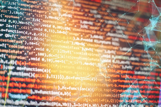 抽象コンピュータスクリプトコード。ソフトウェア開発者のプログラミングコード画面。ソフトウェアプログラミングの作業時間。完全に自分で作成および作成したコードテキスト。