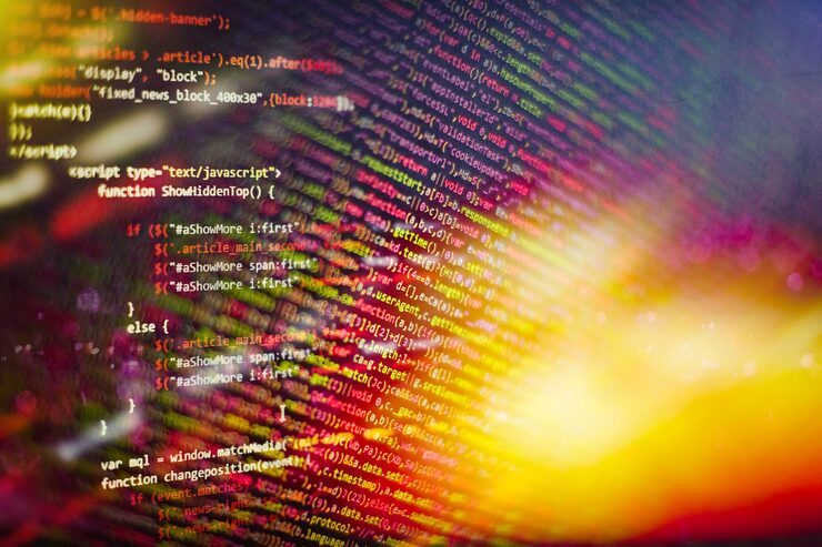 Photo 抽象的计算机脚本代码. 软件开发者的编程代码屏幕. 软件编程工作时间. 完全由我自己编写和创建的代码文本.