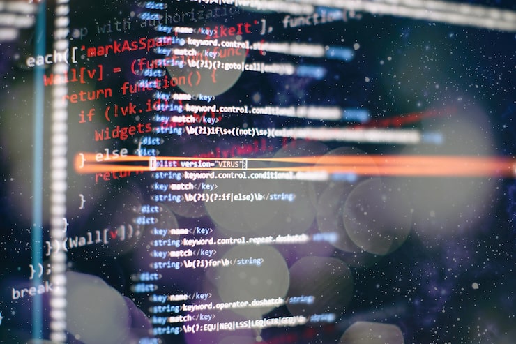Photo abstract computer script code. programming code screen of software developer. software programming work time.