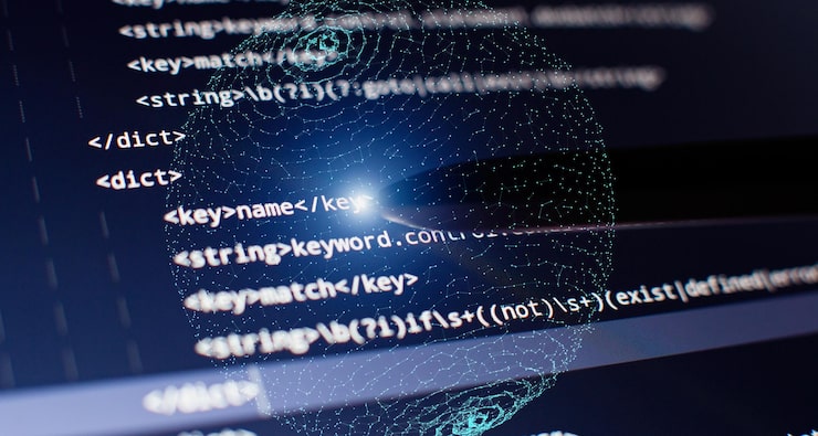 Photo 抽象的计算机脚本代码 软件开发人员的编程代码屏幕 软件编程工作时间