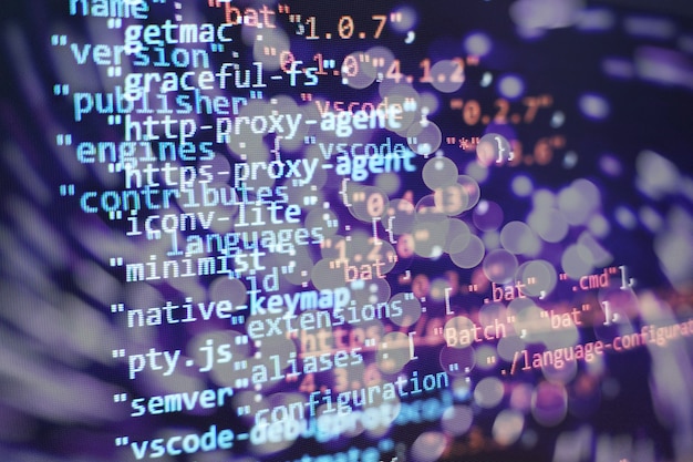 抽象コンピュータスクリプトコード。ソフトウェア開発者のプログラミングコード画面。ソフトウェアプログラミングの作業時間。