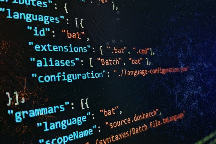 Photo abstract computer script code. programming code screen of software developer. software programming work time.