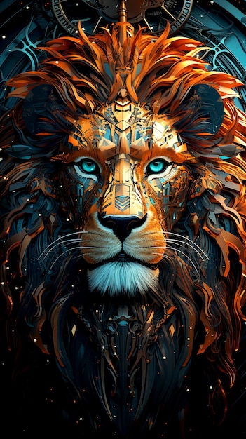 Абстрактное концепт-арт гордого Короля Льва, вооруженного технологиями будущего в темноте