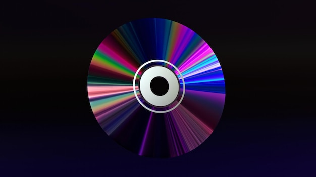 Photo abstract concept cd dvd disc on a black isolated background neon blue purple color rainbow d