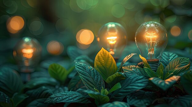 Абстрактный концептуальный образ революции зеленой энергии с символическими образами, такими как лампочки и листья, динамичный и привлекательный