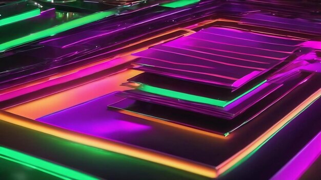 Abstract concept neon green purple color runs between metal plates flow rainbow light d illustration