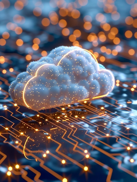 写真 デジタル回路板の背景に輝く雲のクラウドコンピューティングの抽象的な概念