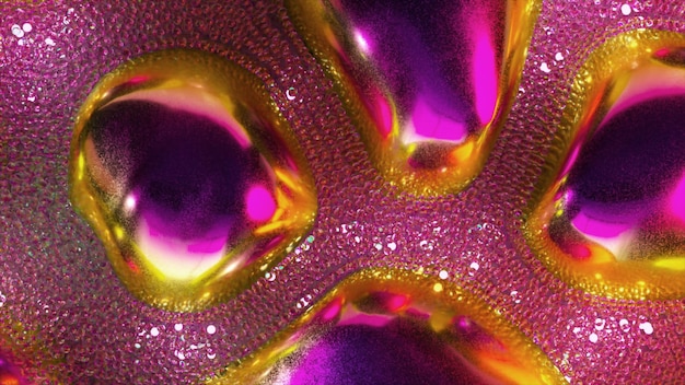 Photo abstract concept a stream of glowing pink neon particles flows around gold purple metal bubbles closeup