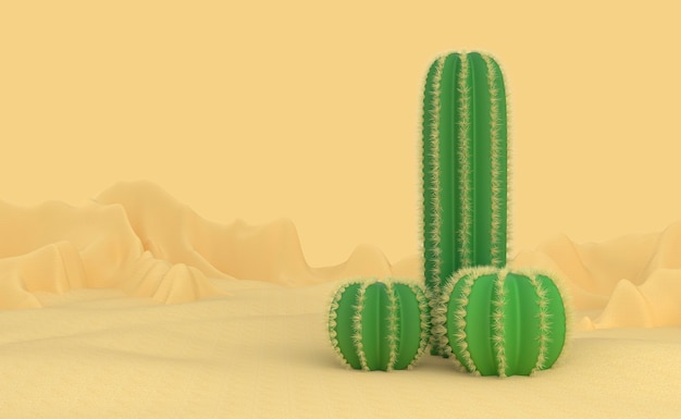 Abstract concept on the topic of the male penis. Three different spiked cacti grow out of the sand in the desert. Infertility and abstinence. 3d illustration.