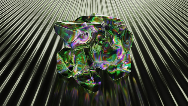 Abstract concept A transparent cube stands on a dark ribbed surface The liquid diamond substance inside the cube