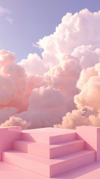 Abstract concept van roze podium met pluizige wolken Droom en fantasie Ontwerp voor productdisplay