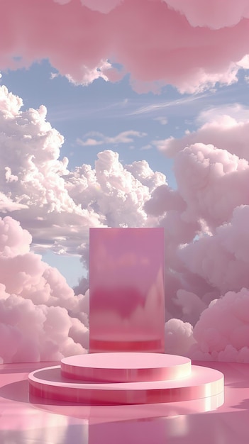Abstract concept van roze podium met pluizige wolken Droom en fantasie Ontwerp voor productdisplay