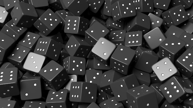 Abstract conceptual background with pile of random black dices top view