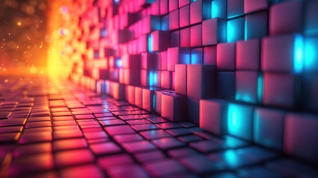 Абстрактная концептуальная иллюстрация 3D-цифрового блокчейна в ярких цветах