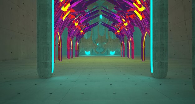 Abstract concrete futuristic scifi gothic interior with colored glowing neon tubes 3d