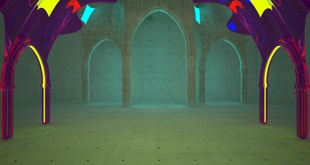 Abstract concrete futuristic scifi gothic interior with colored glowing neon tubes 3d