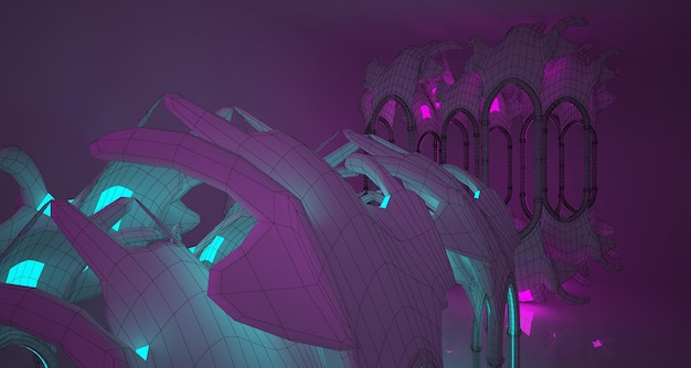 Abstract concrete futuristic scifi gothic interior with colored glowing neon tubes 3d