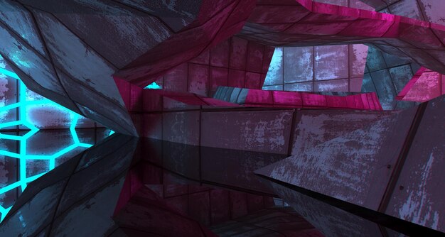 Фото Абстрактный бетонный футуристический интерьер scifi с розовыми и голубыми светящимися неоновыми трубками 3d illustratio