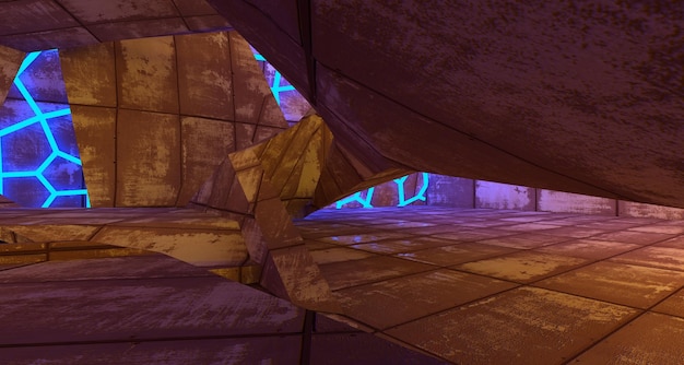 Фото Абстрактный бетонный футуристический интерьер scifi с розовыми и голубыми светящимися неоновыми трубками 3d illustratio
