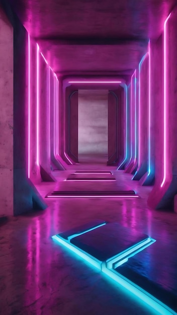 Abstract concrete futuristic scifi interior with pink and blue glowing neon tubes 3d