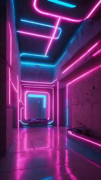 Abstract concrete futuristic scifi interior with pink and blue glowing neon tubes 3d