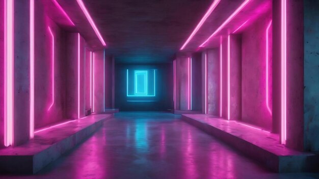 Abstract concrete futuristic scifi interior with pink and blue glowing neon tubes 3d