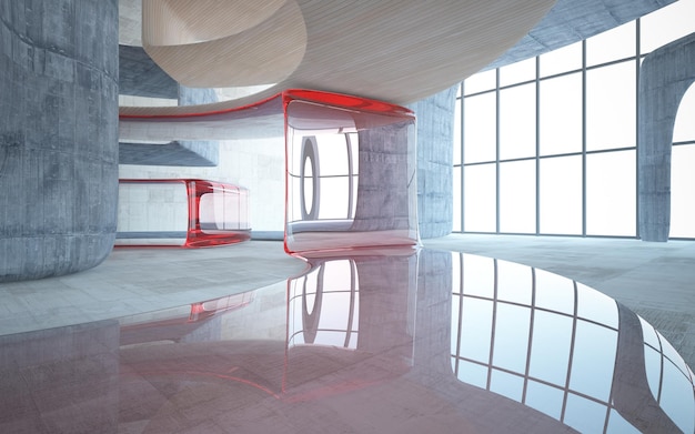Абстрактное бетонное стекло и деревянный интерьер с оконной 3D иллюстрацией и рендерингом