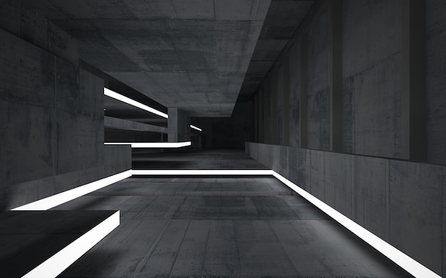 Abstract  concrete interior multilevel public space with neon lighting. 3D illustration