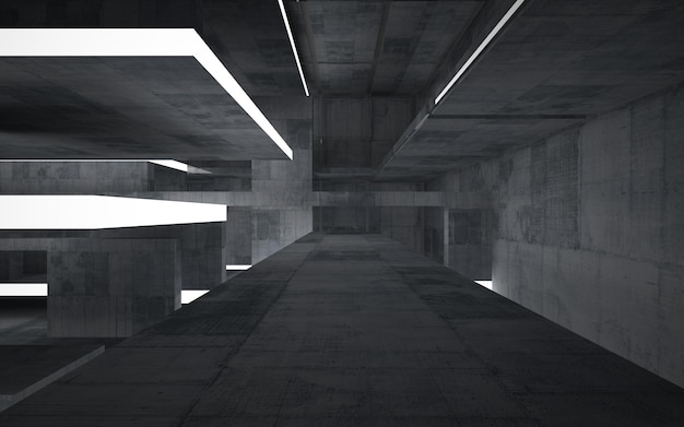 Abstract  concrete interior multilevel public space with neon lighting. 3D illustration