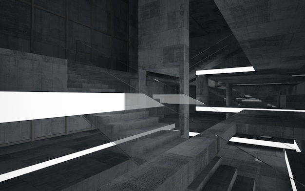 Abstract  concrete interior multilevel public space with neon lighting. 3D illustration