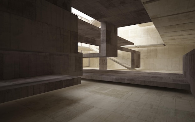 Абстрактное бетонное внутреннее многоуровневое общественное пространство с неоновым освещением. 3D иллюстрация