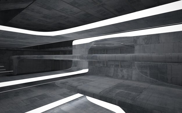 窓付きの抽象的なコンクリート内部のマルチレベルの公共空間。 3D イラストとレンダリング。
