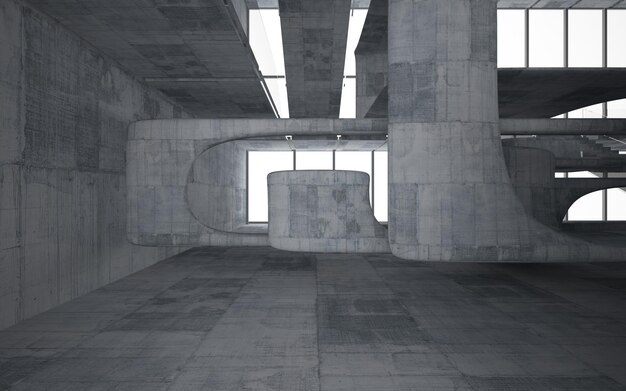 Abstract  concrete interior multilevel public space with window. 3D illustration and rendering.