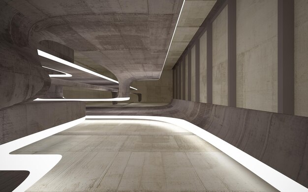 Абстрактное бетонное внутреннее многоуровневое общественное пространство с окном. 3D иллюстрации и рендеринг.