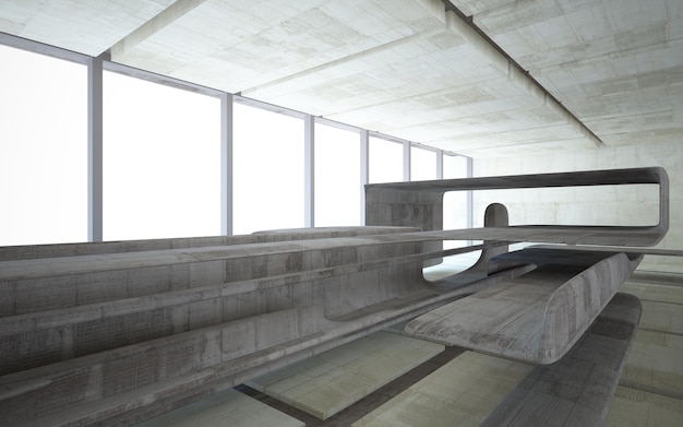 Абстрактное бетонное внутреннее многоуровневое общественное пространство с окном. 3D иллюстрации и рендеринг.