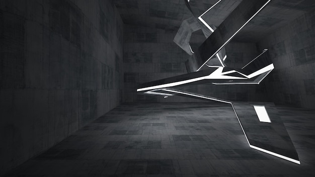 Abstract concrete parametric interior with neon lighting 3D illustration and rendering