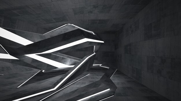 Abstract concrete parametric interior with neon lighting 3D illustration and rendering