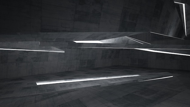Abstract concrete parametric interior with neon lighting 3D illustration and rendering