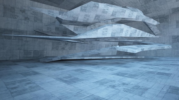 Abstract concrete parametric interior with neon lighting 3D illustration and rendering