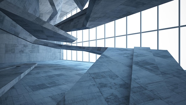 Abstract concrete parametric interior with neon lighting 3D illustration and rendering