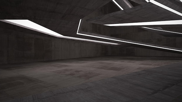Abstract concrete parametric interior with neon lighting 3D illustration and rendering